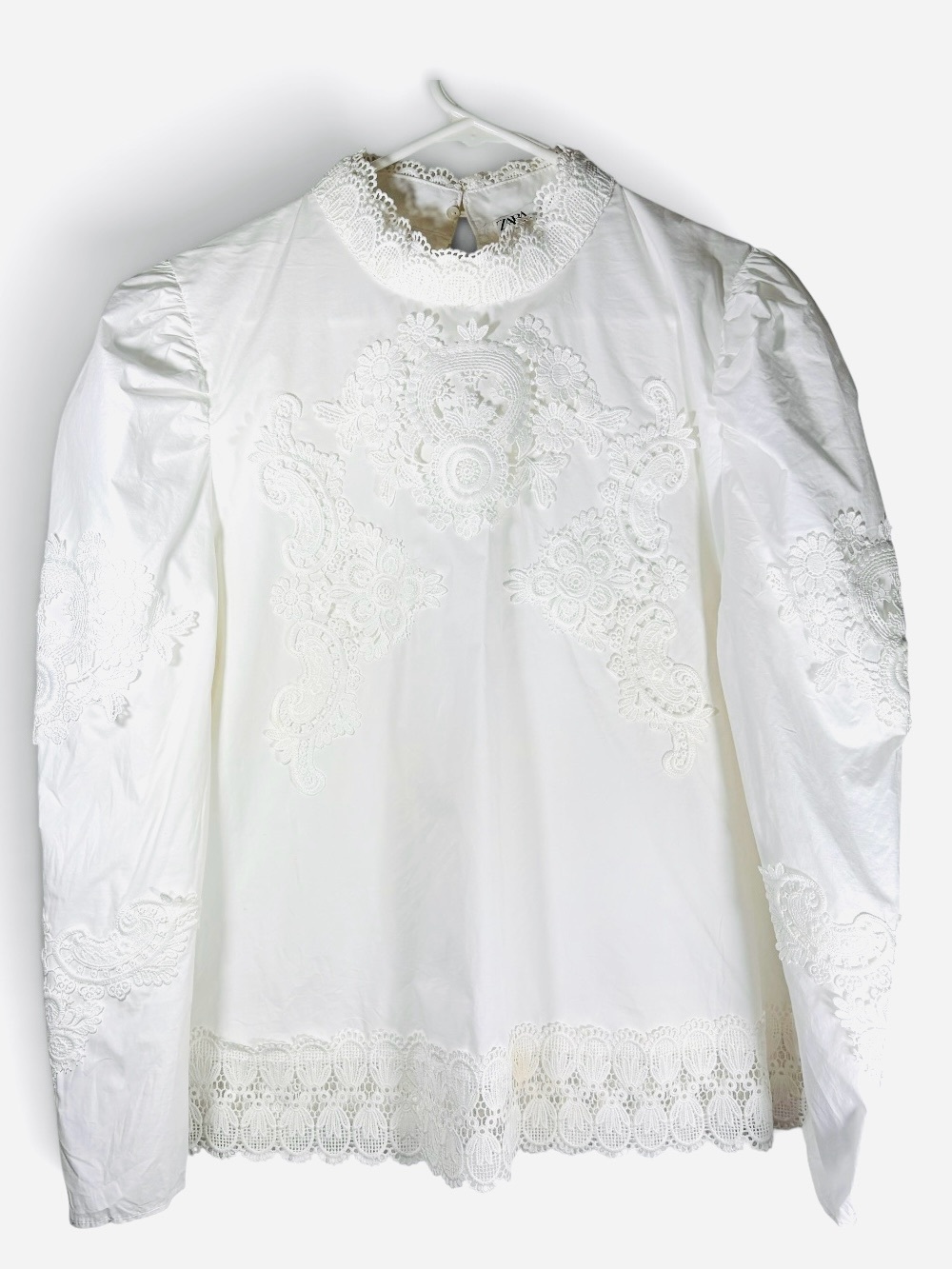 Zara White High Neck Poplin and Lace Long Sleeve Victorian Style Top XL